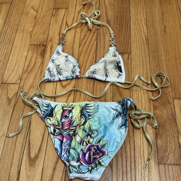 Christian Audigier Y2K Rhinestone Bird Print String Triangle Bikini Size Small - Picture 8 of 9